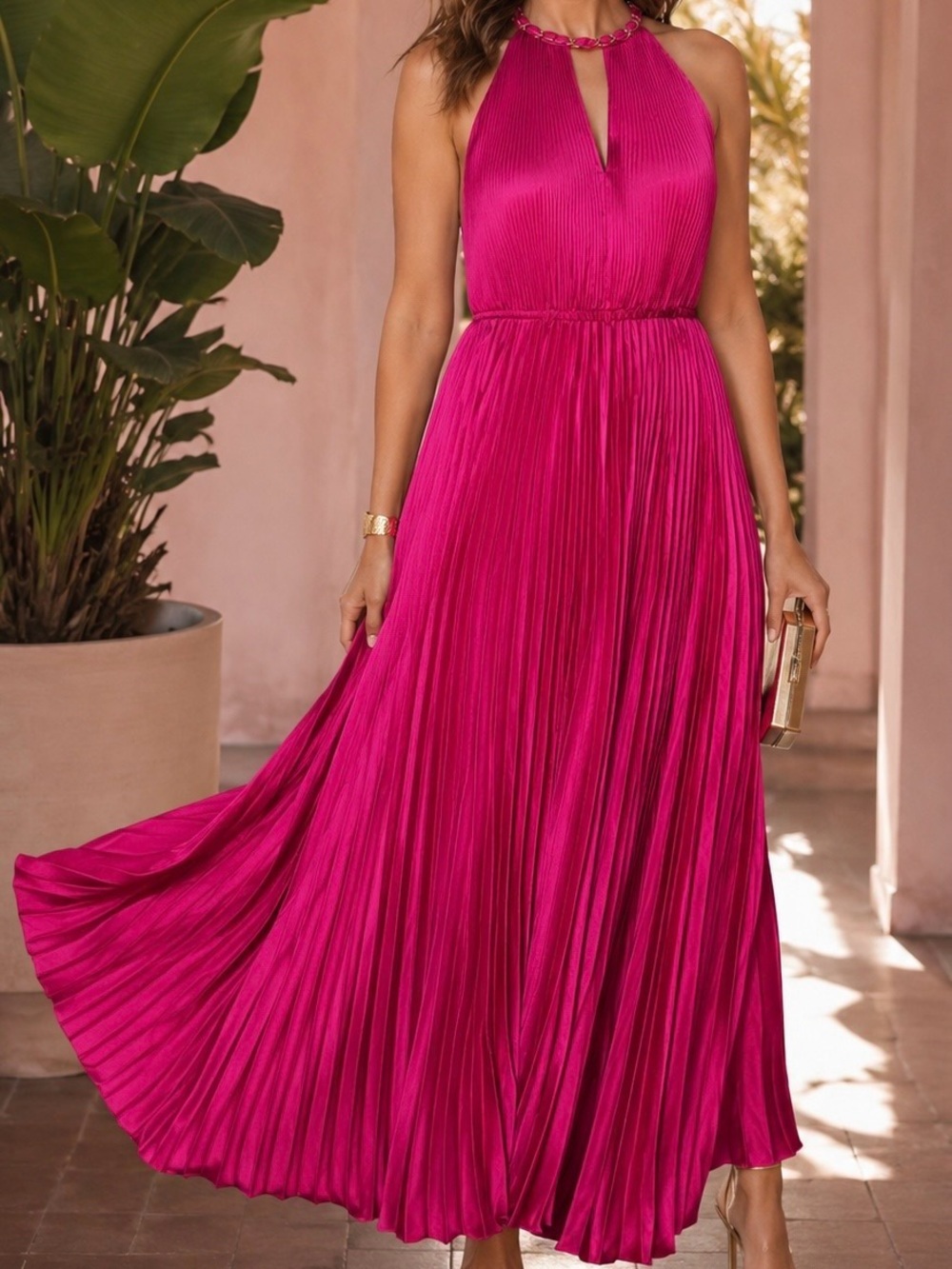 Milly ‘Kora’ Fuchsia Pink Accordion Pleated Satin Halterneck Maxi Dress Size 10